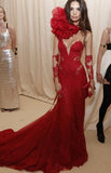 Sexy Mermaid Strapless Long Sleeves Red Lace Long Prom Dress HZ1022