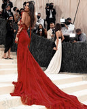 Sexy Mermaid Strapless Long Sleeves Red Lace Long Prom Dress HZ1022
