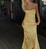 Sexy A line Halter Backless Yellow Long Prom Dress HZ1022