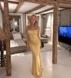 Sexy Mermaid Straps Yellow Silk Satin Long Prom Dress HZ1022