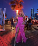 Sexy High Low Strapless Hot Pink Satin Prom Dress HZ1022