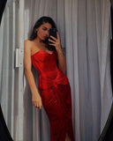 Sexy Sheath Strapless Red Slit Silk Satin Prom Dress HZ1022