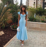 A line Sleeveless Light Sky Blue Ankle Length Prom Dress HZ1022