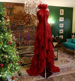 Modest High Low High Neckline Tulle Red Prom Dresses HZ1022