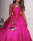Modest A line Strapless Hot Pink Long Satin Prom Dresses HZ1022