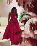 Modest A line Strapless Hot Pink Long Satin Prom Dresses HZ1022