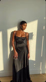 Sexy A line Straps Black Long Satin Prom Dresses HZ1022