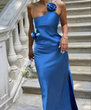 Sexy A line Backless Royal Blue Satin Prom Dresses HZ1022