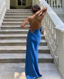 Sexy A line Backless Royal Blue Satin Prom Dresses HZ1022