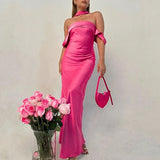 Sexy Mermaid Halter Hot Pink Silk Satin Prom Dresses HZ1022