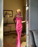Sexy Mermaid Halter Hot Pink Silk Satin Prom Dresses HZ1022
