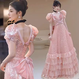 Modest A line Pink Short Sleeves Sequin Ruffles Long Prom Dresses HZ1022