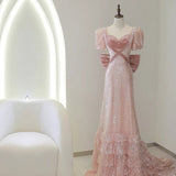 Modest A line Pink Short Sleeves Sequin Ruffles Long Prom Dresses HZ1022