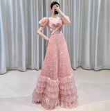 Modest A line Pink Short Sleeves Sequin Ruffles Long Prom Dresses HZ1022