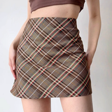 Sexy Maillard High Waist Slim Plaid A-Line Skirt American Retro Hip Cover Skirt for Women HZ1022