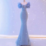 Classic Mermaid Strapless Sequin Blue Prom Dresses Long Prom Dress HZ1022