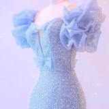 Classic Mermaid Strapless Sequin Blue Prom Dresses Long Prom Dress HZ1022