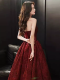 Classic Ball Gown Strapless Satin Burgundy Prom Dresses Long Prom Dress HZ1022