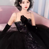 Classic Mermaid Straps Sequin Black Prom Dresses Long Prom Dress HZ1022