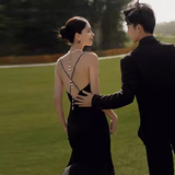 Classic Mermaid Spaghetti Straps Black Satin Prom Dresses Long Prom Dress HZ1022