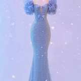Classic Mermaid Strapless Sequin Blue Prom Dresses Long Prom Dress HZ1022