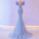 Classic Mermaid Strapless Sequin Blue Prom Dresses Long Prom Dress HZ1022
