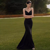 Classic Mermaid Spaghetti Straps Black Satin Prom Dresses Long Prom Dress HZ1022