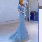 Classic Mermaid Strapless Sequin Blue Prom Dresses Long Prom Dress HZ1022
