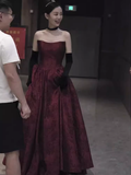 Classic Ball Gown Strapless Satin Burgundy Prom Dresses Long Prom Dress HZ1022
