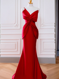 Simple One Shoulder Ruffles Red Satin Long Prom Dresses HZ1022