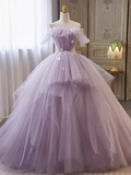Ball Gown Strapless Lilac Tulle Long Prom Dresses with Pearls Belt HZ1022
