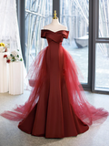 Mermaid V-Neck Satin Long Burgundy Prom Dress with Bow HZ1022