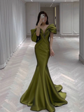 Sexy Mermaid Off The Shoulder Green Prom Dresses Satin Long Prom Gown HZ1022
