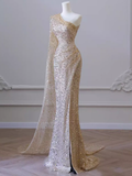 Sexy Mermaid One Shoulder Sequin Slit Long Prom Dress HZ1022