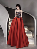 Simple Strapless Satin Red Long Prom Dress HZ1022