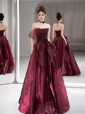 Simple Ball Gown Strapless Organza Burgundy Long Prom Dress HZ1022