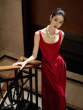 Simple A line Straps Red Satin Long Prom Dresses HZ1022