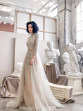 Simple A line High Neckline Tulle Champagne Long Prom Dress HZ1022