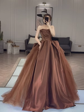 Ball Gown Strapless Sleeveless Tulle Brown Long Prom Dress HZ1022
