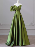 Simple A line Sleeveless Satin Green Long Prom Dress HZ1022