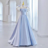 Princess A line Light Blue Satin Prom Dress Long Prom Dresses HZ1022