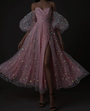 Sexy Off The Shoulder Pink Slit Knee Length Prom Dresses HZ1022