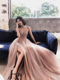 Simple A line Spaghetti Straps Tulle Long Slit Prom Dress HZ1022