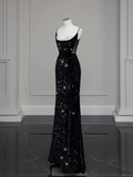 Sexy Spaghetti Straps Bling Sequin Mermaid Long Black Prom Dresses HZ1022