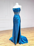 Gorgeous Blue Strapless Pleated Long Slit Prom Dress HZ1022