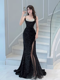 Luxury Mermaid Sequin Evening Dress Black Long Prom Dress HZ1022