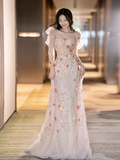 Fairy A line Square Long Sleeves Tulle Flowers Long Prom Dress HZ1022