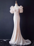 Sparkly Mermaid Sleeveless Sequin Light Pink Long Prom Dress HZ1022
