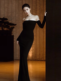 Sexy Mermaid Off The Shoulder Black Long Sleeves Prom Dress HZ1022