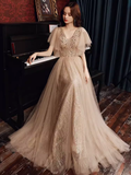 Charming A line Champagne Prom Dress With Puffy Sleeves Long Prom Dresses HZ1022